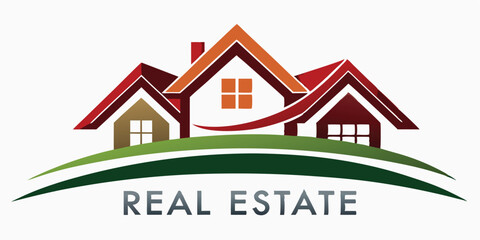 Real Estate Logo Depicting Three Houses on Green Hills with Text