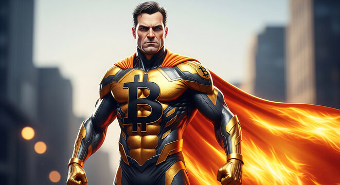 Fototapeta A super hero in a suit of BItcoin man.