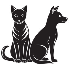 Black and white cat silhouette cartoon illustration of cute sitting cats