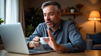 Middle-aged man having video call while holding coffee mug in bright cozy home setup

