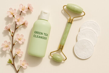 Flat lay of skincare items with green tea cleanser, jade roller, cotton pads, and cherry blossom – natural beauty and facial care concept
