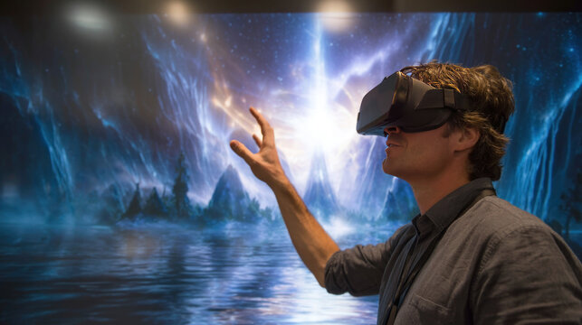 Cheerful young man in VR headset playing online game in virtual reality, driving imaginary car in neon light. millennial man using car simulator in cyberspace, collage - Powered by Adobe