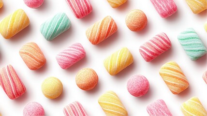 Fototapeta premium Overhead shot of sugary candies arranged on plain white background in pattern