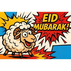 Eid Mubarak comic-style greeting with a happy sheep
