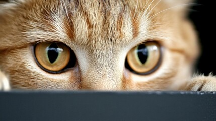 Close-up of a curious orange tabby cat peeking over a surface with intense yellow eyes