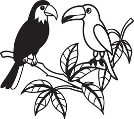 Cute colorful cartoon tropical birds on a branch with a flower illustration