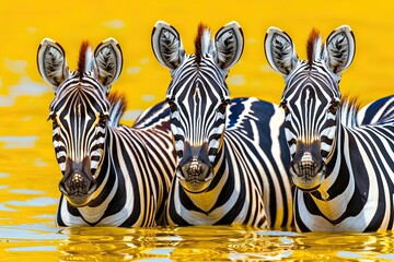 Majestic Zebras Standing Together in Shimmering Water Under Bright Yellow Sunlight Capturing the Essence of Wildlife and Natural Beauty in a Safari Setting