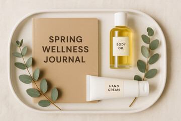 Spring wellness flat lay with journal, body oil, hand cream, and eucalyptus leaves on tray – self care and natural beauty concept

