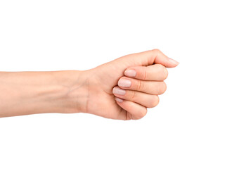 A woman's hand shows a fist isolated on white background. Close-up.