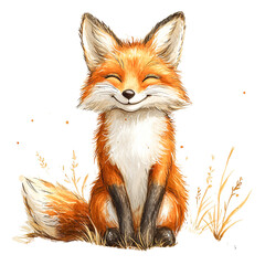 Obraz premium Happy red fox sitting in grass isolated on transparent PNG