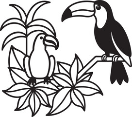 Colorful tropical toucan bird with a prominent yellow and black beak perched on a branch in the jungle