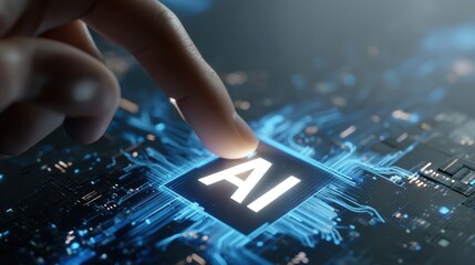 Hand touching AI chip on circuit board with blue lights