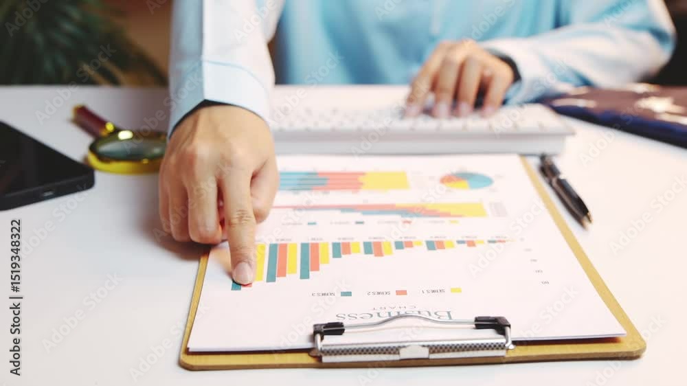 Poster business professional analyzing charts and graphs on documents while typing on keyboard at a modern 