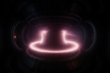 Thermonuclear reactor core displaying plasma containment and magnetic confinement technology in a dark environment