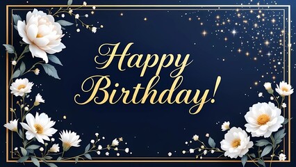 Elegant "Happy Birthday!" greeting with gold script text and white flowers on a dark navy blue background. Features golden sparkles and a delicate gold border. Sophisticated design.