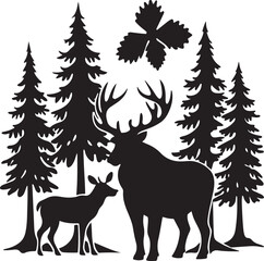 Deer and reindeer silhouettes in a wild winter forest with trees and snow