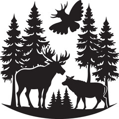 Sleek black silhouette of a wild deer with antlers in a winter forest, perfect for a nature illustration or Christmas design