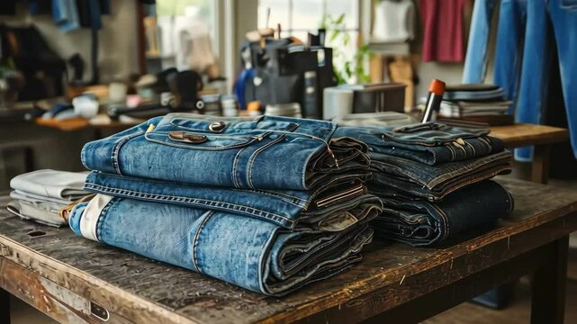 Stacks of folded jeans on a wooden table inside a workshop, clothing, and retail.