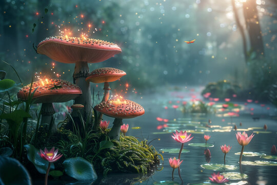 Whimsical garden scene with glowing dragonflies, giant mushrooms, water lilies, and ethereal misty sunlight.