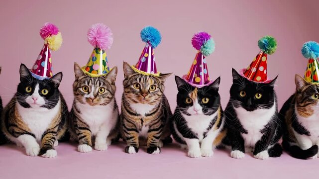 A playful video scene of six cats in party hats against a pink backdrop. Captured at eye level, the image exudes a festive and whimsical vibe.