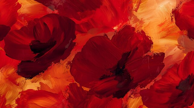 Deep red and soft amber smears form bold, painterly floral shapes, with fluid brush strokes creating depth and texture in an abstract design.