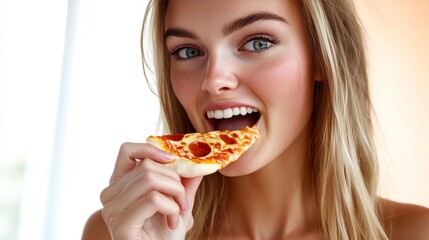 Delightful model enjoying a delicious slice of pizza, capturing the joy of comfort food indoors.