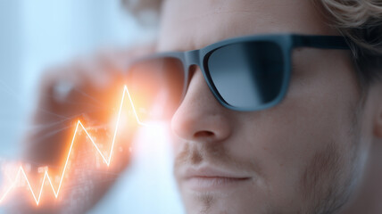 Businessman wearing smart glasses analyzing stock market data trend