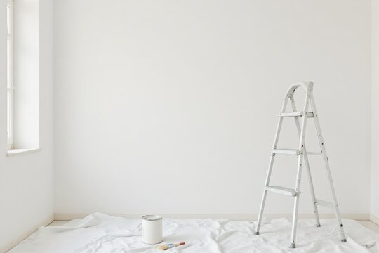Metal ladder leaning on wall in empty room with white paint  