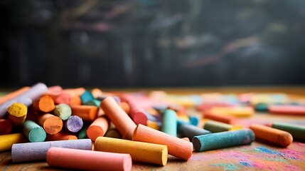 Colorful crayons scattered near blackboard, a playful burst of creativity in learning