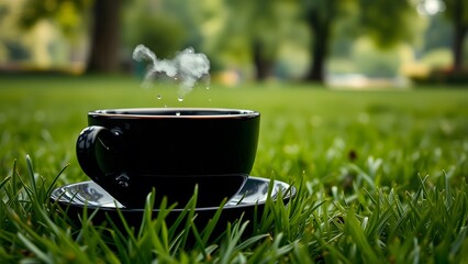 One black Teacup with saucer  in a park 