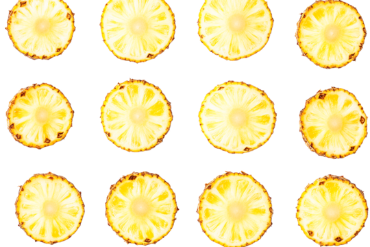 Isolated vibrant pineapple slices, transparent PNG, bright yellow, summery, tropical fruit pattern, perfect for design projects, fresh and juicy, high-resolution image.