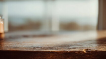 Vintage wooden table with soft window reflection, conveying timeless warmth and natural elegance