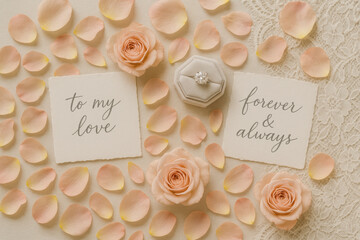 Romantic wedding flat lay with rose petals, handwritten notes, lace, and ring box – love letter and engagement or anniversary concept

