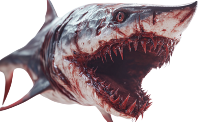 Bloody great white shark jaws close up isolated on transparent PNG
