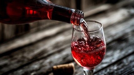 Red wine pouring into a glass, capturing the rich essence of indulgence.