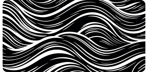 Black and white abstract wavy lines creating a flowing pattern with a dynamic and rhythmic composition
