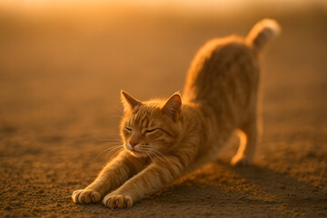 Gato atigrado estirándose sobre tierra al amanecer con luz dorada