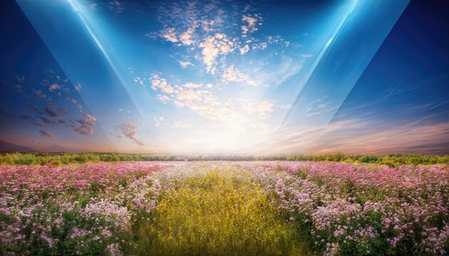 Kermit the Frog Basking in a Joyful Mood amidst a Blossoming Flower Field, Surrounded by a Radiant Blue Sky, Embracing the Light and Happiness of a Sunny Afternoon.