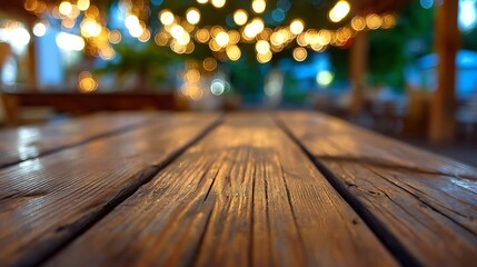 Wooden table with warm bokeh lights, evoking cozy evening ambiance