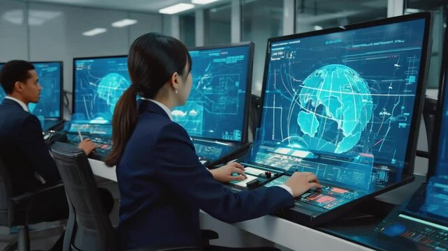 Air traffic controllers international coordination hub, monitoring real time flight data world. Multi ethnic team, vast digital globe live plane tracking, weather overlays. tech music teamwork
