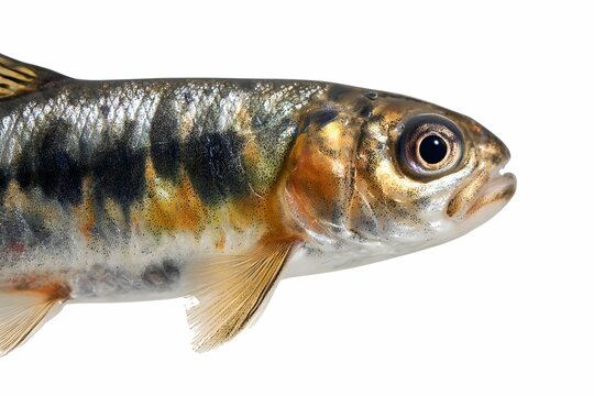 Close-up of a smolt swimming in clear water, showcasing detailed scales and fins.
