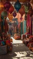 Fototapeta premium Vibrant marketplace in Marrakech, Morocco with colorful lanterns, bright fabrics, and decorative textures glowing under golden sunlight, perfect for cultural and travel imagery