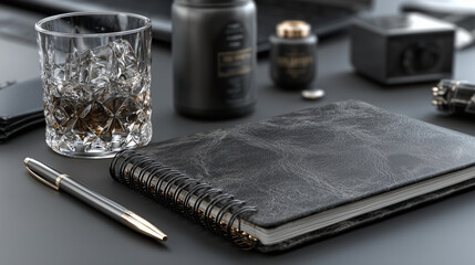 Black leather workspace with minimal office supplies, clean and professional arrangement. Sleek and organized productivity.