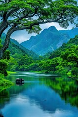 Serene Safari Landscape Featuring Lush Greenery, Majestic Mountains, Tranquil River, and Peaceful Water Buffalo Amidst Vibrant Natural Environment