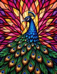 Fototapeta premium Colorful Peacock with Vibrant Stained Glass Background Design
