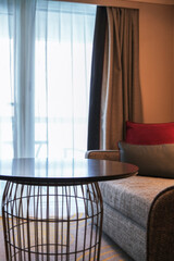 Luxurious mini suite stateroom cabin room onboard luxury cruise ship cruiseship ocean liner with...