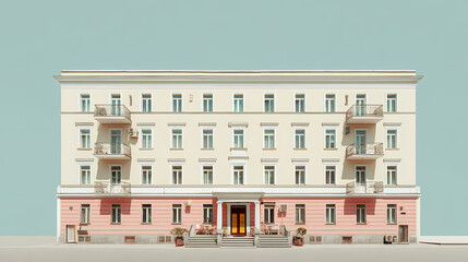 cover for travel zine | family nostalgia | melancholic charm | muted pastel tones | centered tableau | letterpress signage | symmetry-driven layout | flat lighting | fictitious European hotel | color