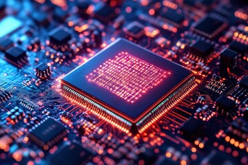 Close-up of a high-performance microchip illuminated by vibrant colors and intricately designed circuitry at a technology lab during the day