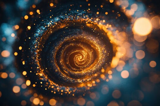 Glowing spiral vortex with golden particles emanates a sense of cosmic wonder and swirling energy in the void of space as light twinkles amid the darkness