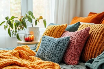 Cozy bedroom with vibrant pillows and warm textiles inviting relaxation and comfort during a calm afternoon